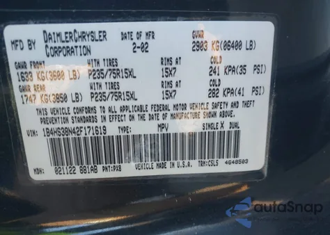 2002 Dodge Durango Sport из США, поврежденный, VIN 1B4HS38N42F171619